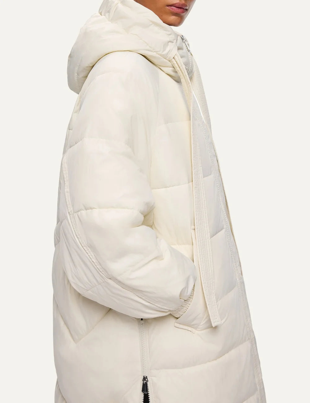 Pinko women's ivory long oversized quilted puffer coat with hood, long drawstrings and front zip closure side