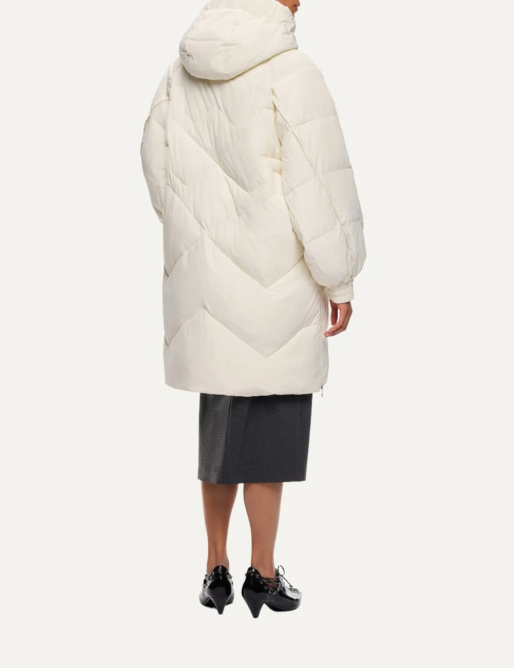 Pinko women's ivory long oversized quilted puffer coat with hood, long drawstrings and front zip closure back