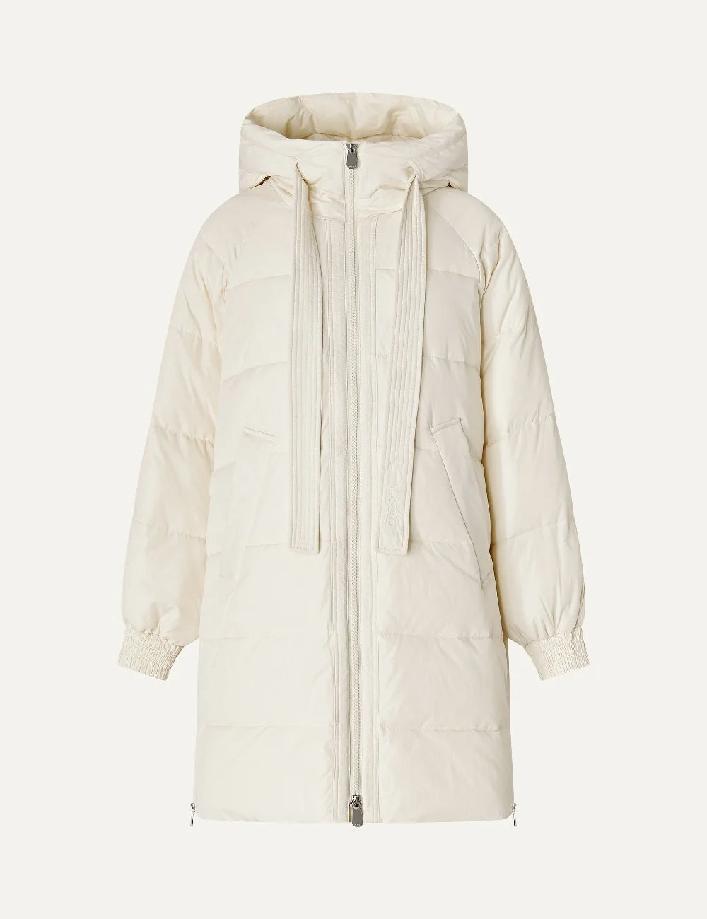 Pinko women's ivory long oversized quilted puffer coat with hood, long drawstrings and front zip closure.