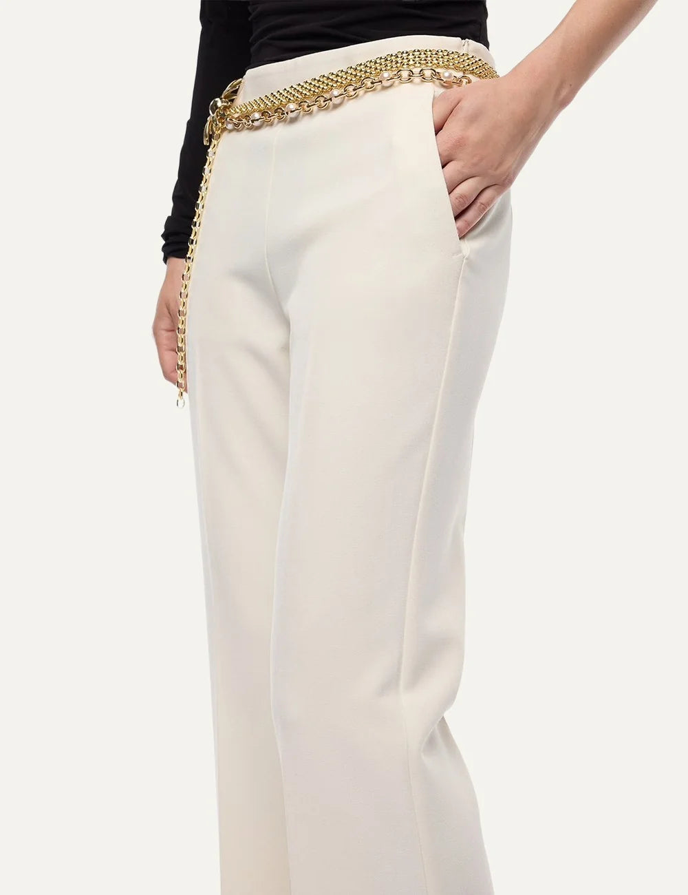 Women's Pinko Peonia straight-leg trousers in gelato white with pressed creases close up details