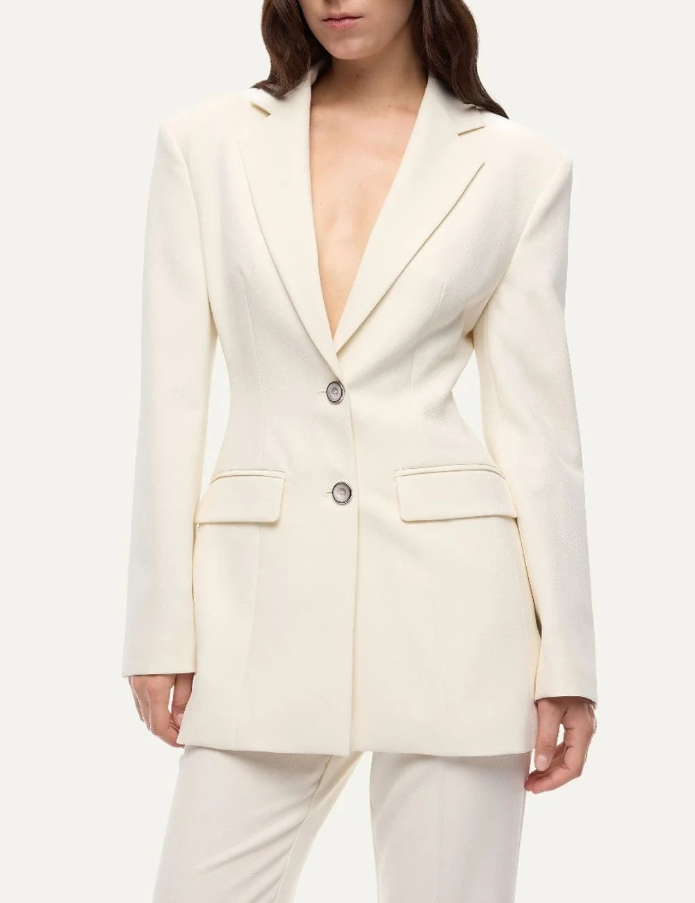 Women's Pinko ivory tailored slim-fit blazer with structured shoulders, notched lapels and two-button closure front view