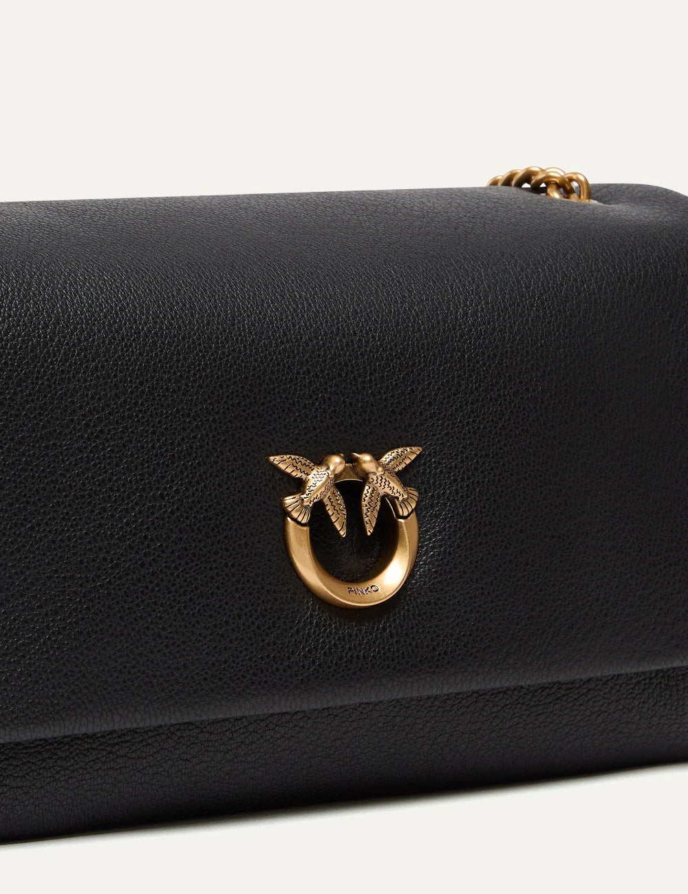 Pinko Love Bag Click Soft Horizontal medium black leather bag with gold Love Birds buckle and chain shoulder strap detail