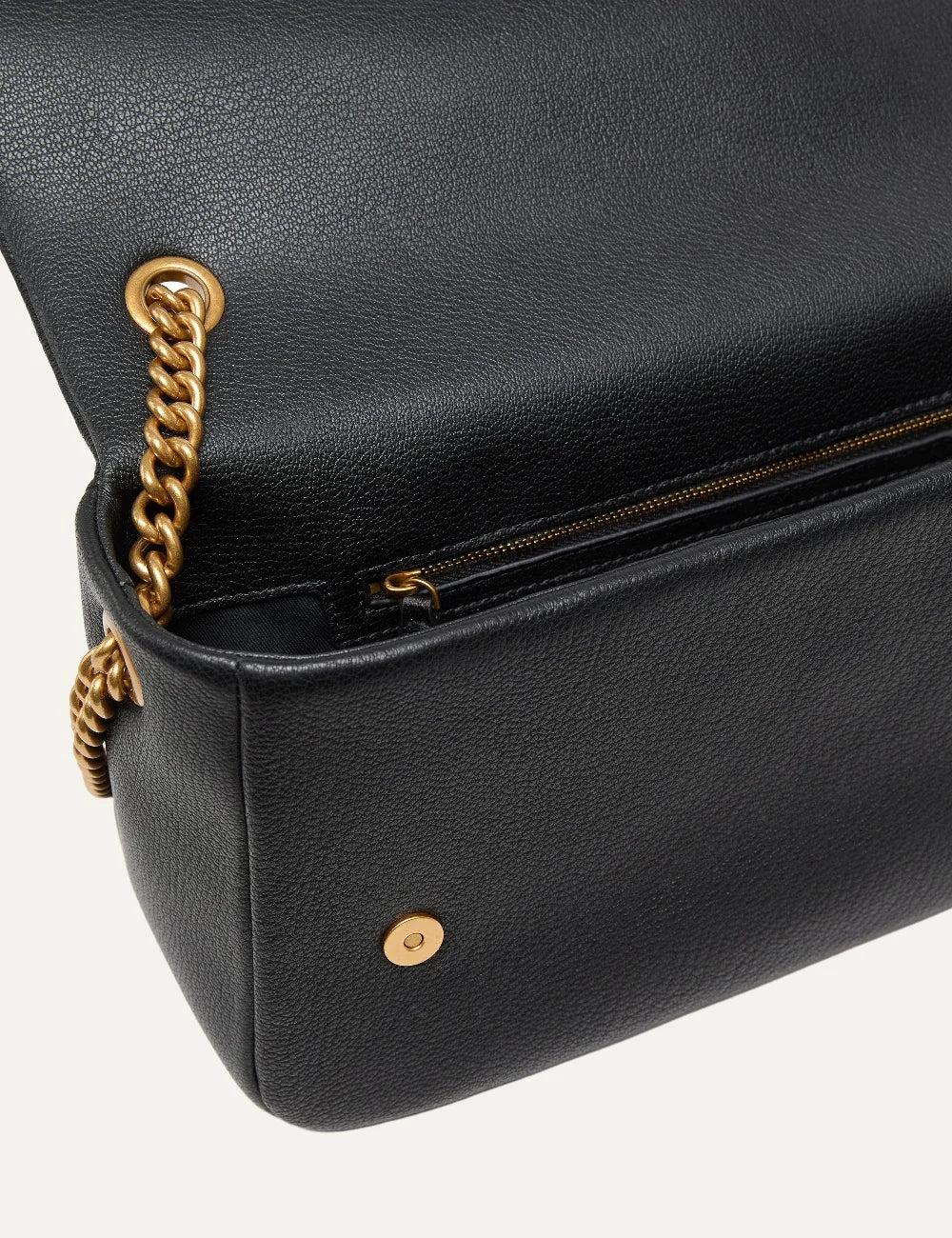 Pinko Love Bag Click Soft Horizontal medium black leather bag with gold Love Birds buckle and chain shoulder strap top
