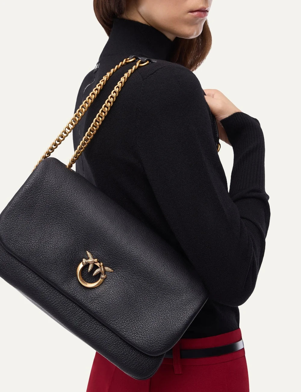 Pinko Love Bag Click Soft Horizontal medium black leather bag with gold Love Birds buckle and chain shoulder strap model