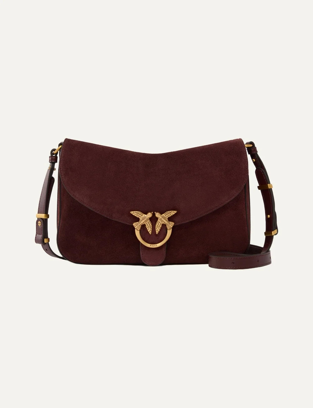 Pinko Love Bag Satchel medium burgundy suede crossbody bag with gold Love Birds buckle and adjustable strap.