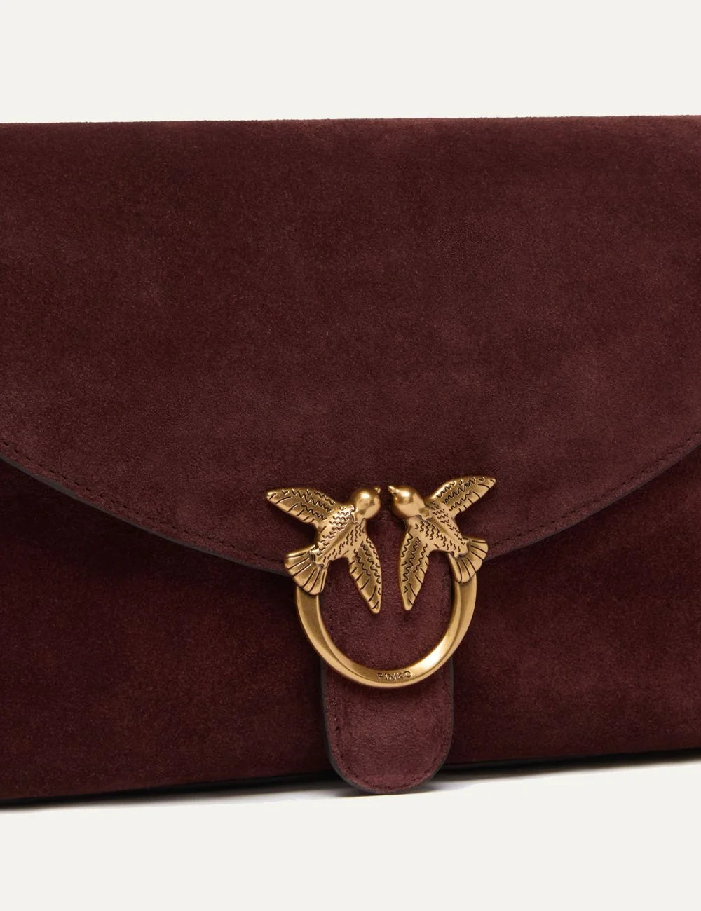Pinko Love Bag Satchel medium burgundy suede crossbody bag with gold Love Birds buckle and adjustable strap detail