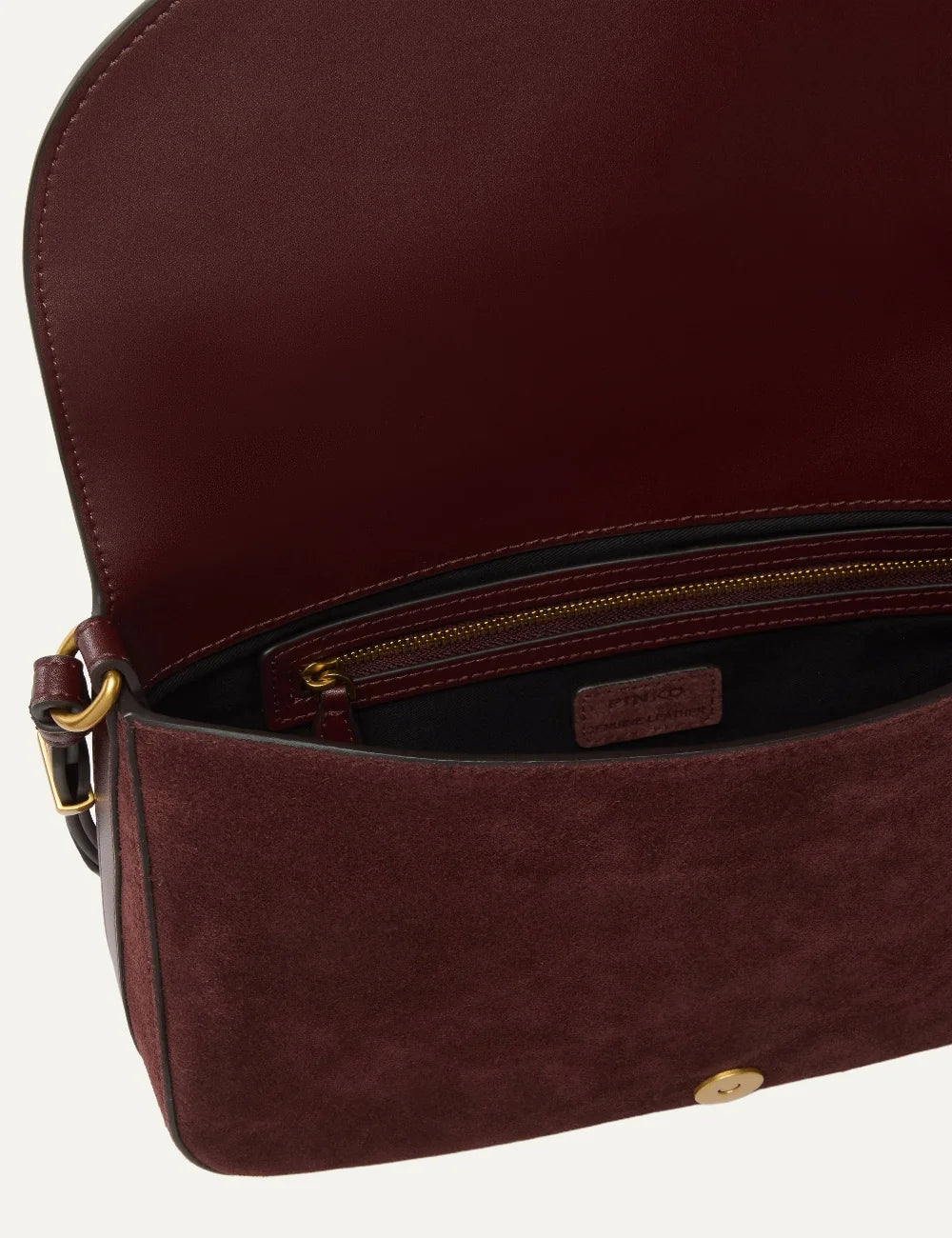 Pinko Love Bag Satchel medium burgundy suede crossbody bag with gold Love Birds buckle and adjustable strap top