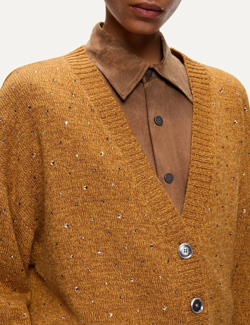 PINKO women's mustard yellow melange wool blend cardigan with V-neck, relaxed fit, multicoloured rhinestones and front button fastening detail