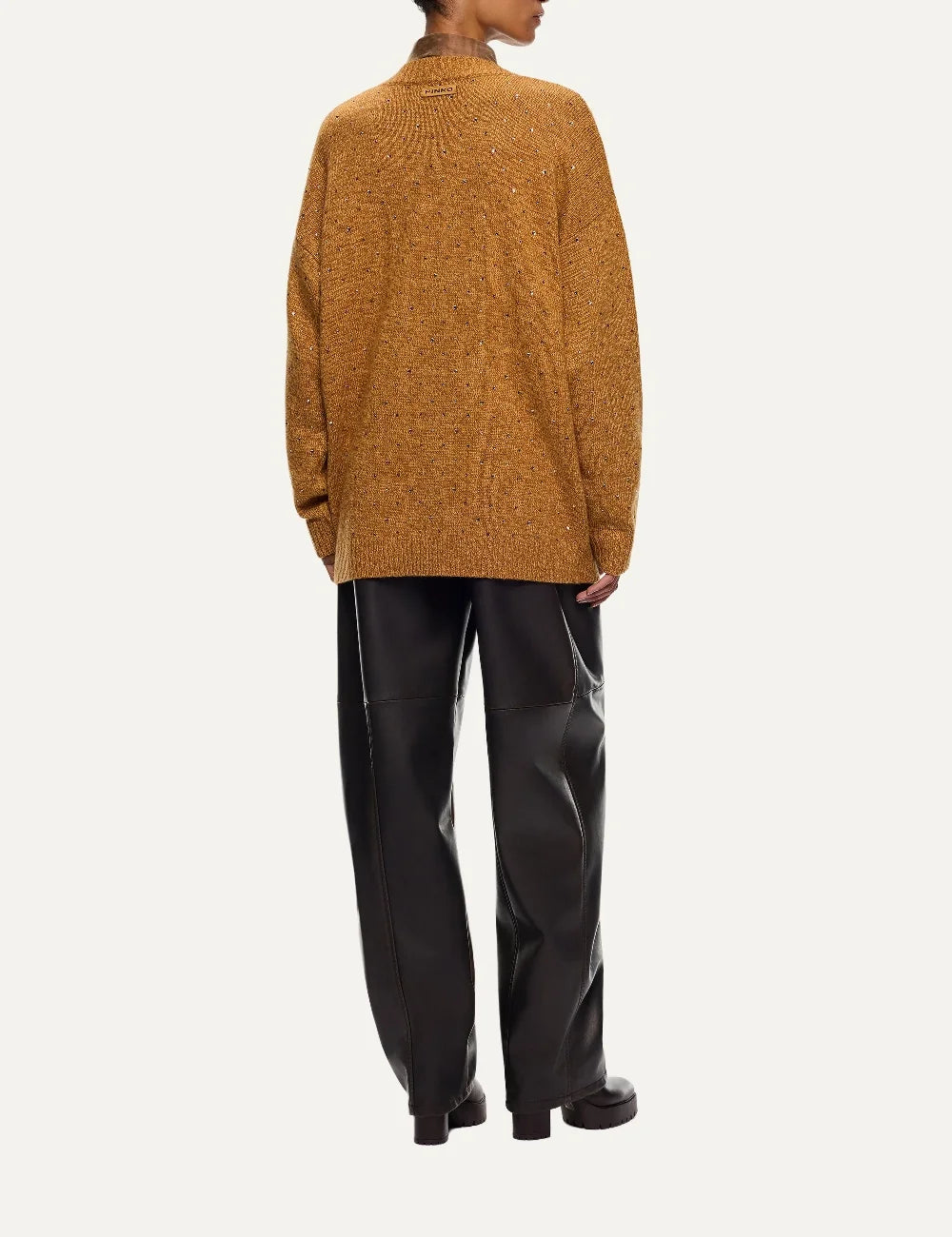 PINKO women's mustard yellow melange wool blend cardigan with V-neck, relaxed fit, multicoloured rhinestones and front button fastening back