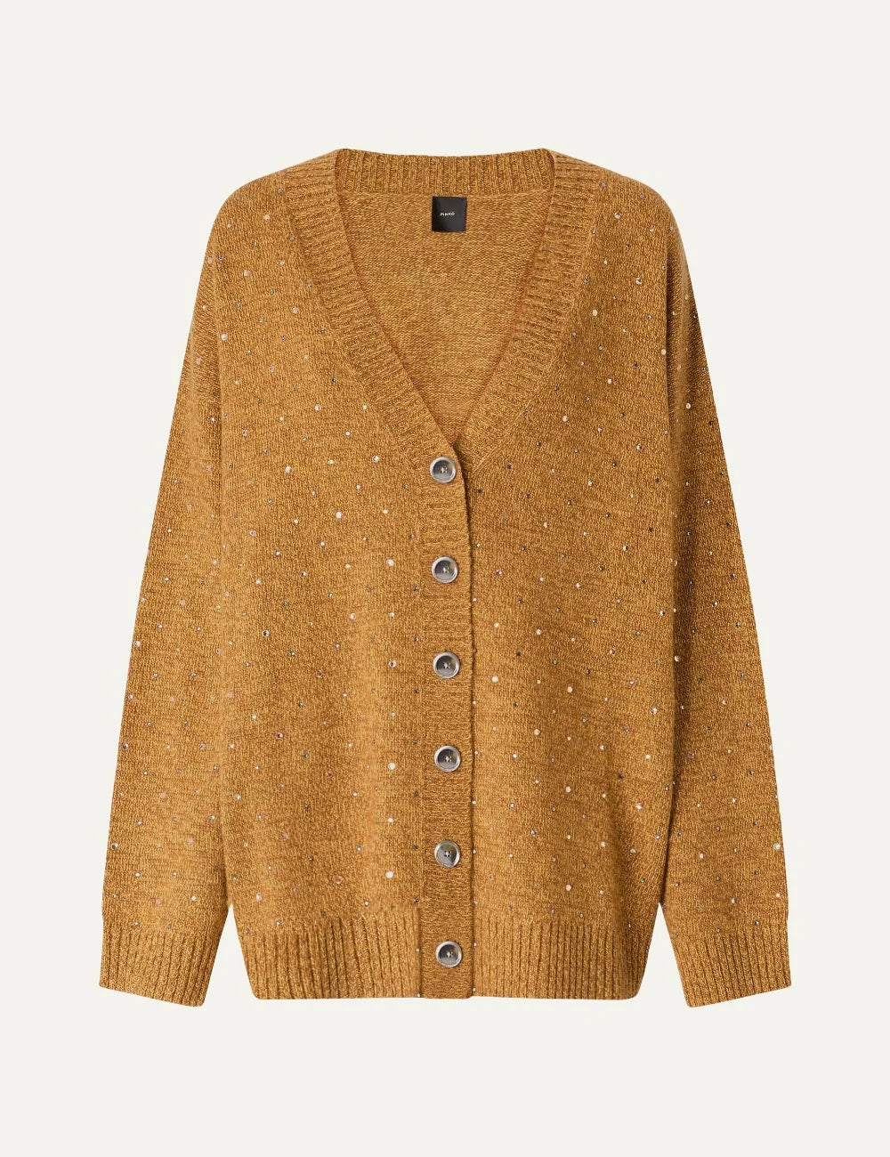 PINKO women's mustard yellow melange wool blend cardigan with V-neck, relaxed fit, multicoloured rhinestones and front button fastening.