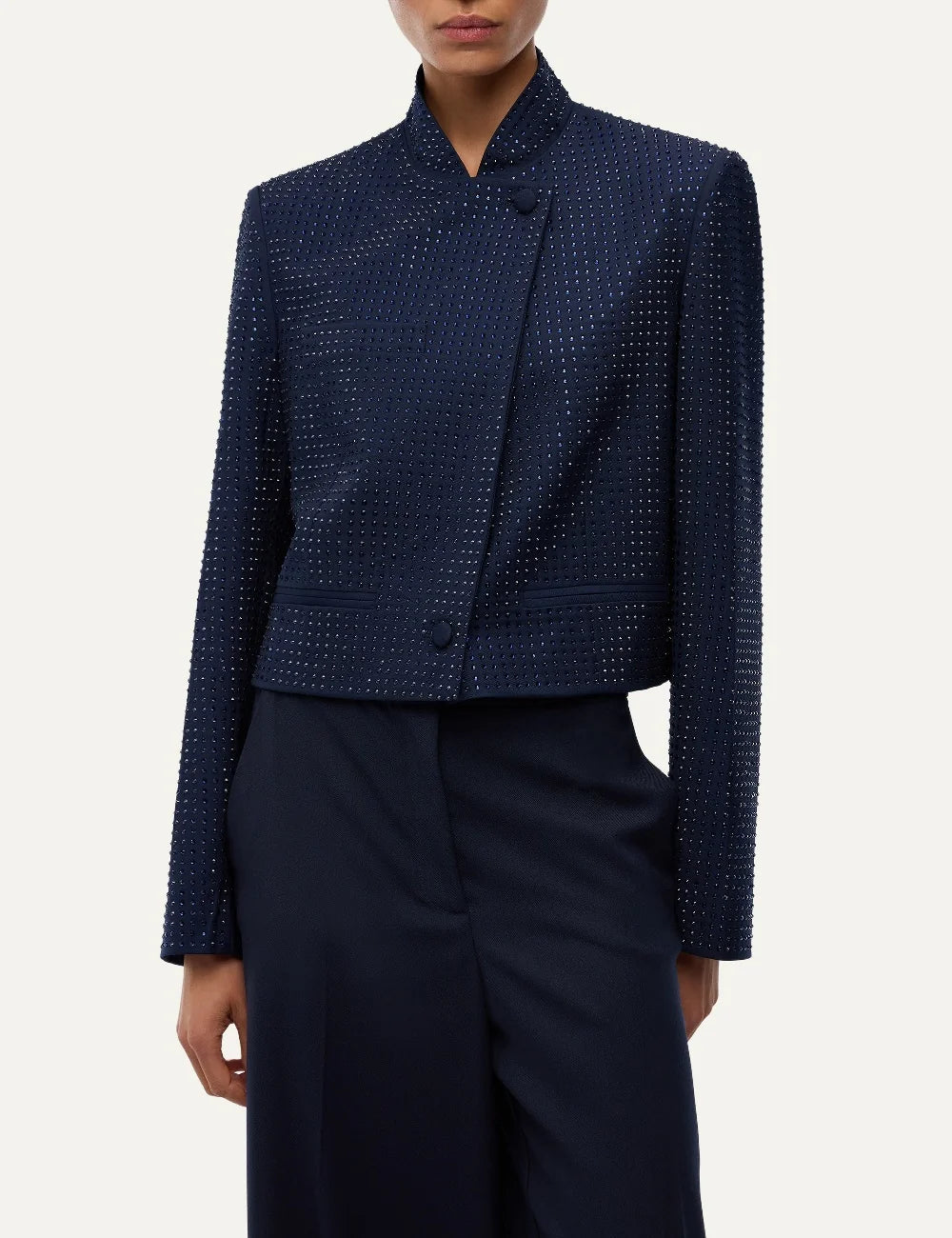 Pinko women's navy blue cropped jacket with tonal rhinestones, stand collar and asymmetric button closure model