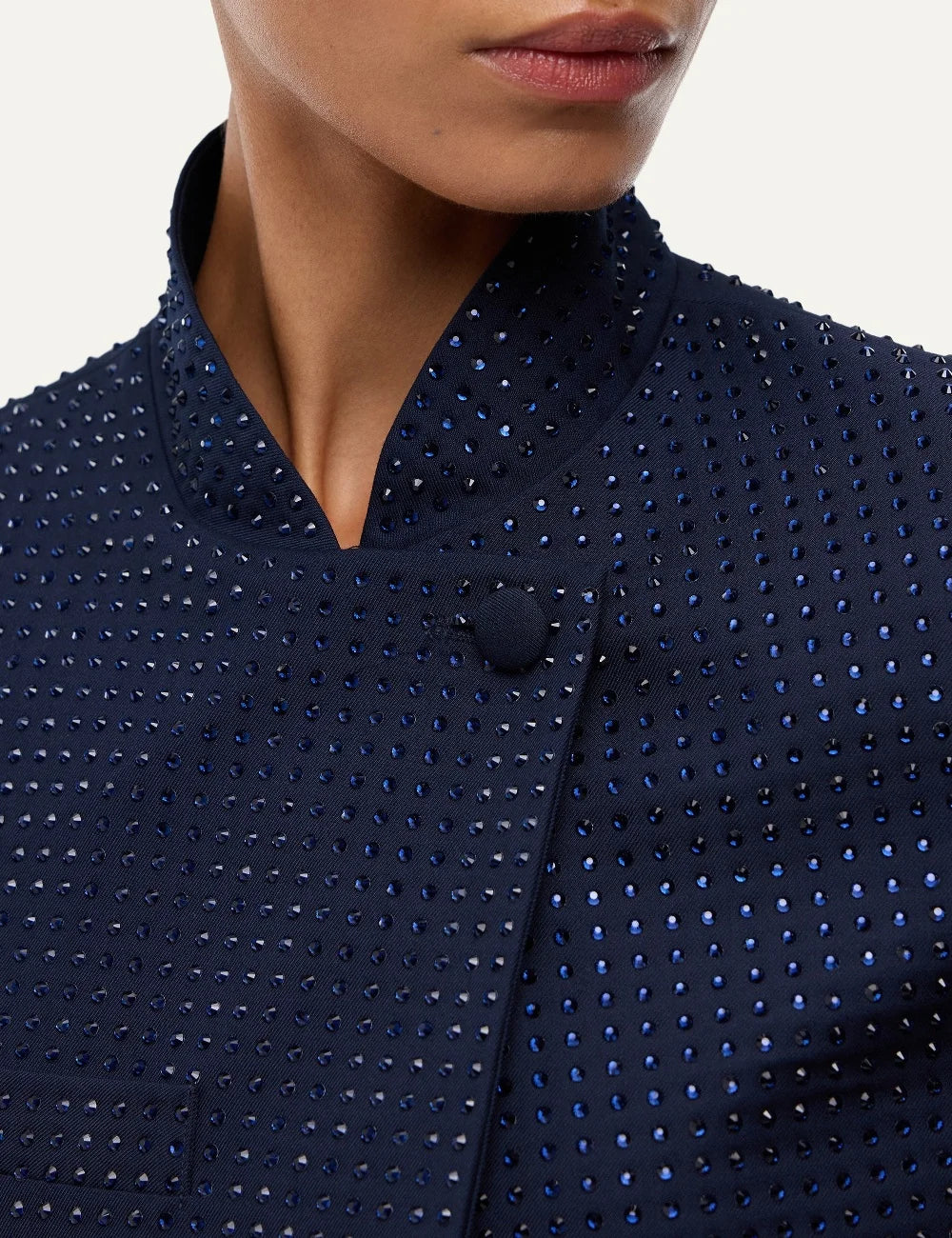 Pinko women's navy blue cropped jacket with tonal rhinestones, stand collar and asymmetric button closure detail