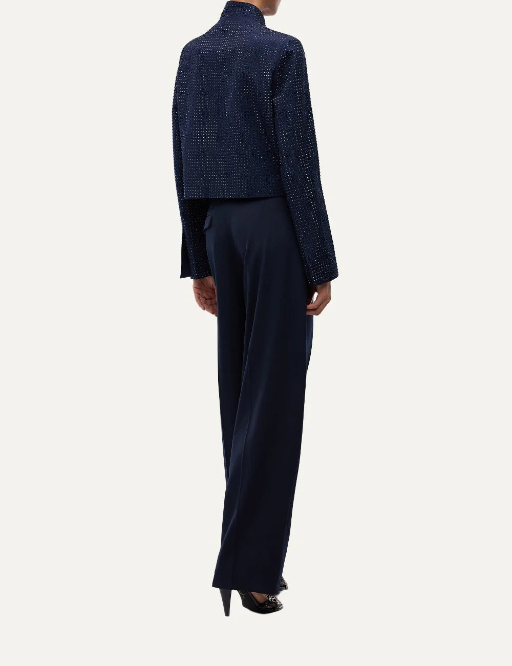 Pinko women's navy blue cropped jacket with tonal rhinestones, stand collar and asymmetric button closure back