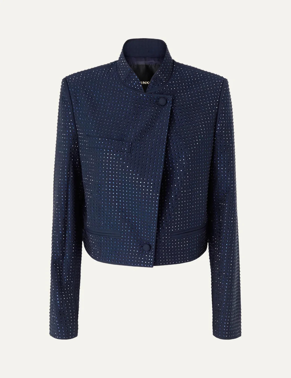 Pinko women's navy blue cropped jacket with tonal rhinestones, stand collar and asymmetric button closure.