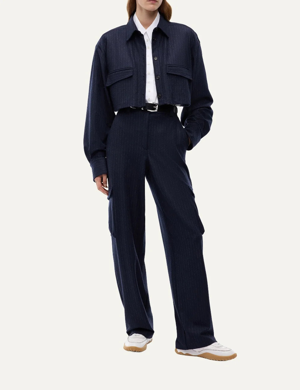 Pinko navy blue cropped pinstripe shirt with boxy fit, long sleeves, button closure and asymmetric flap pockets full body