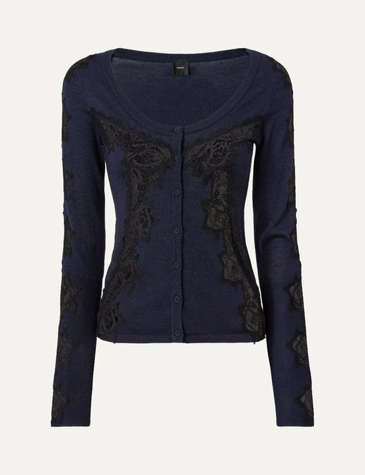 Pinko women's dark navy blue wool slim-fit cardigan with black floral lace appliqués, round neckline and front buttons.