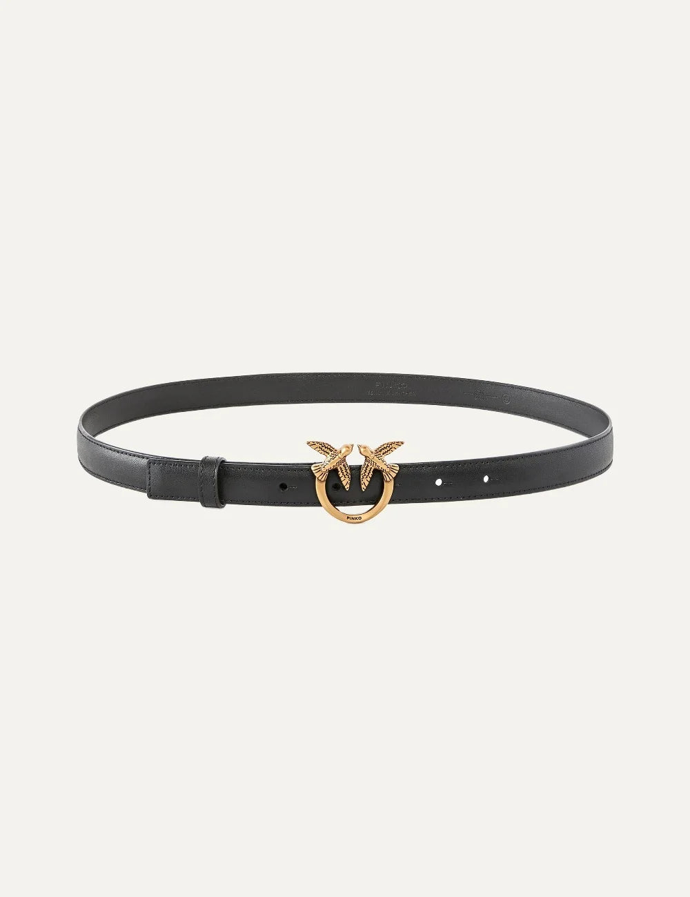 Pinko women's thin black leather belt with gold Love Birds Diamond Cut buckle.