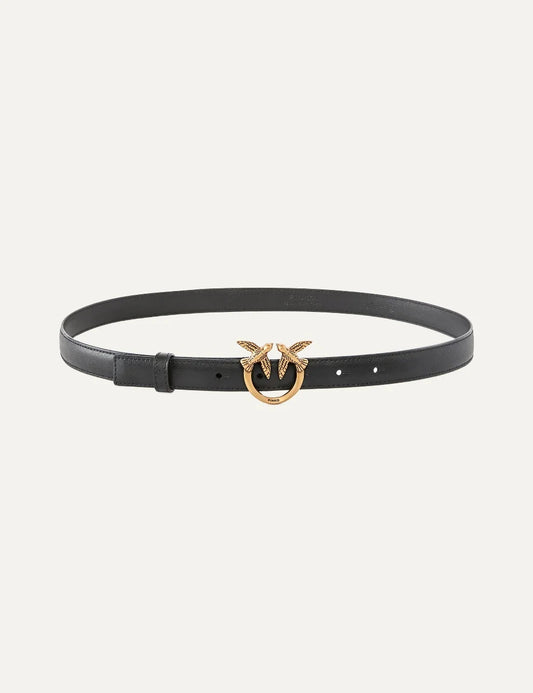 Pinko women's thin black leather belt with gold Love Birds Diamond Cut buckle.
