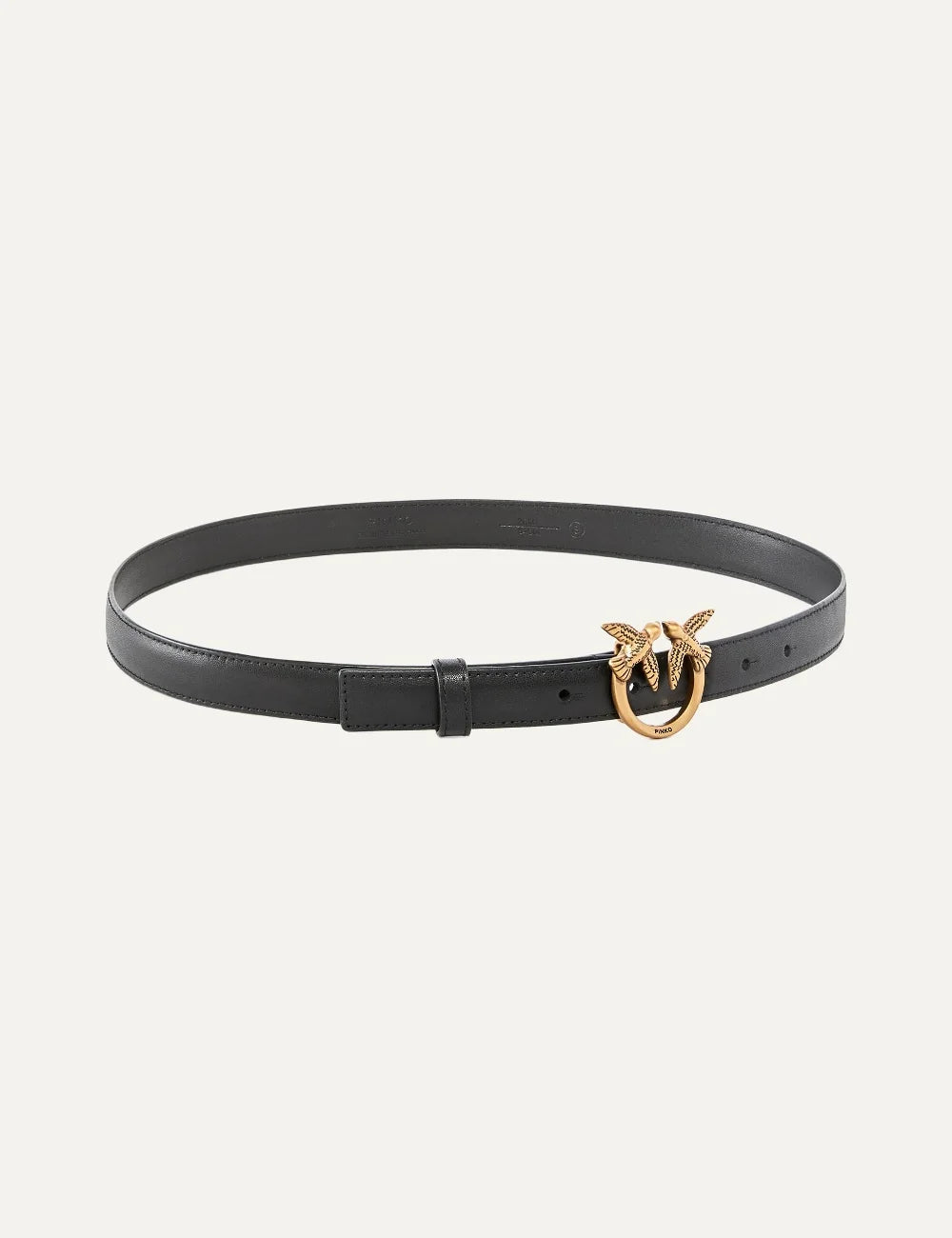 Pinko women's thin black leather belt with gold Love Birds Diamond Cut buckle full