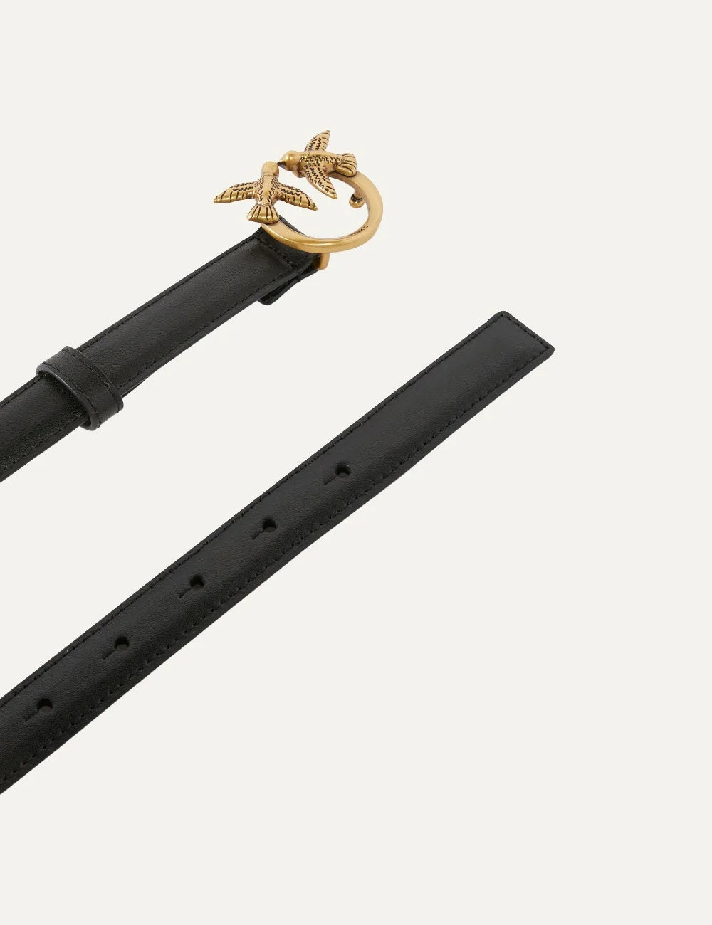 Pinko women's thin black leather belt with gold Love Birds Diamond Cut buckle detail