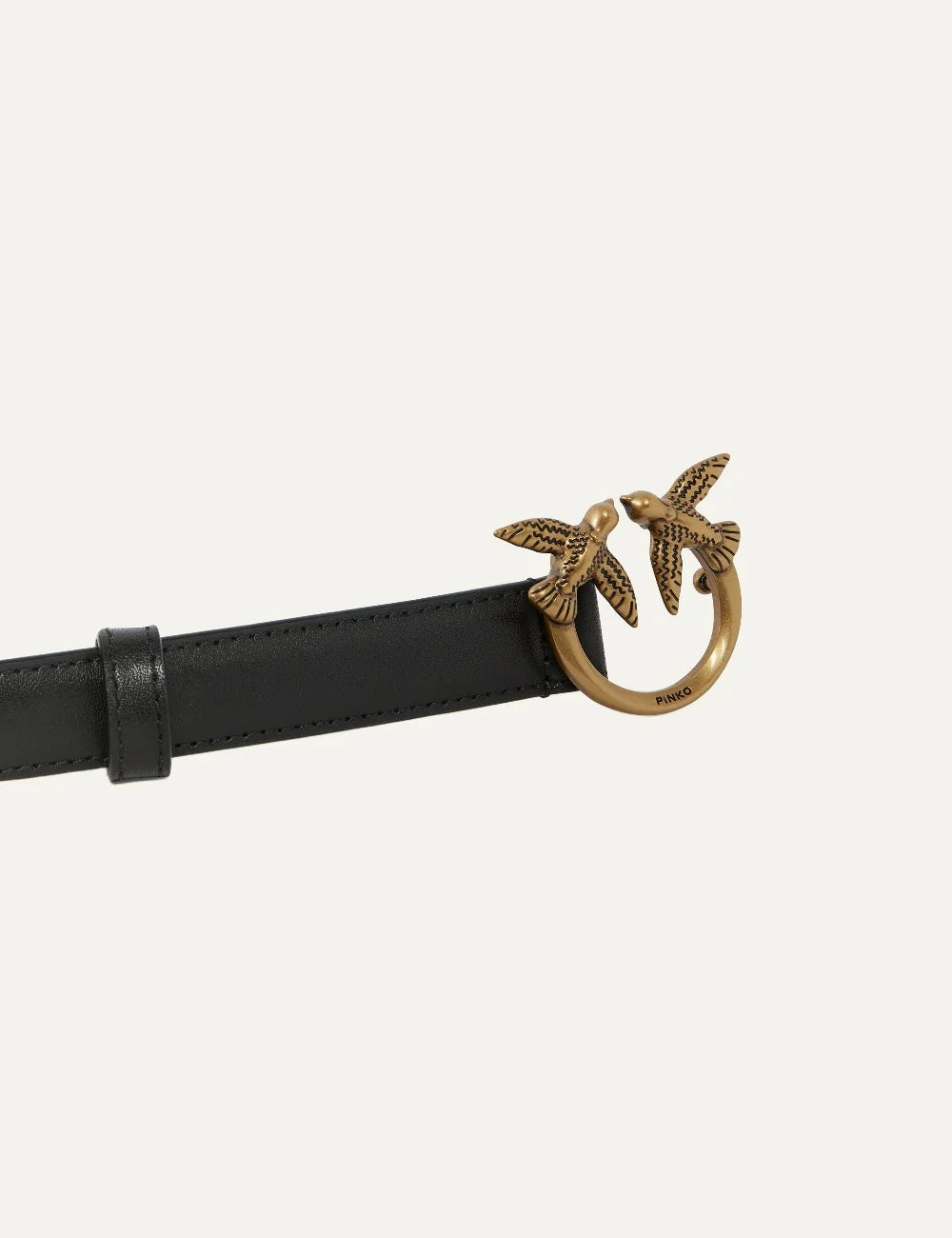 Pinko women's thin black leather belt with gold Love Birds Diamond Cut buckle detail