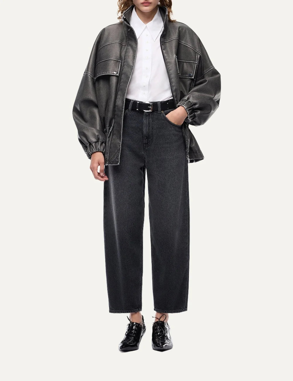 PINKO women's washed black cotton and lyocell balloon jeans with wide curved legs, leather-look waistband and five-pocket design full body