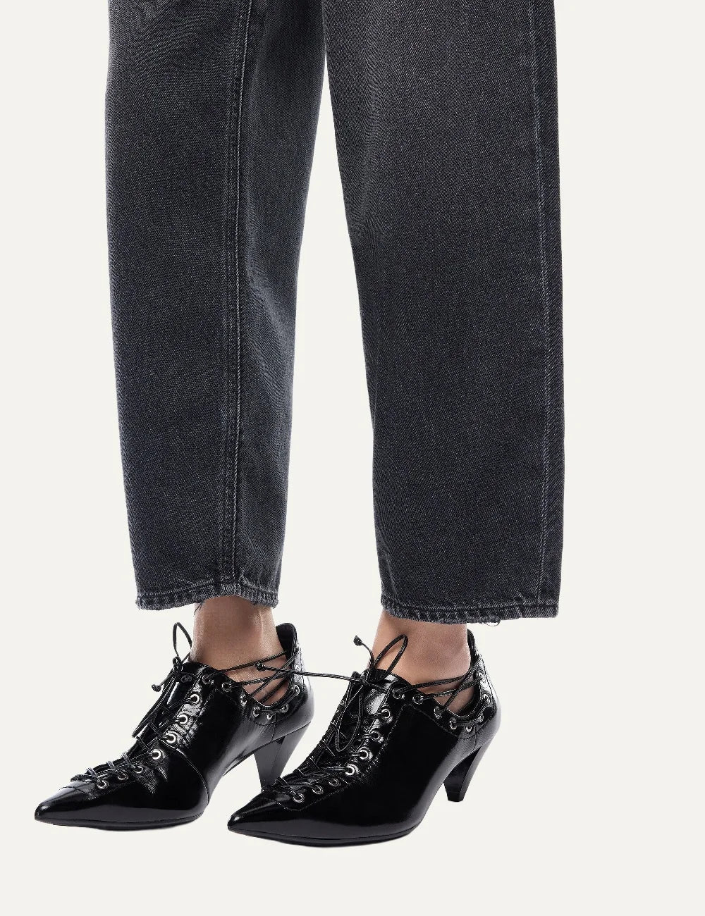 PINKO women's washed black cotton and lyocell balloon jeans with wide curved legs, leather-look waistband and five-pocket design detail