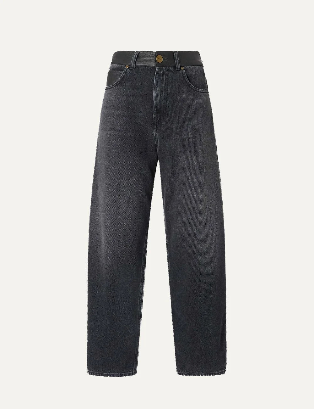 PINKO women's washed black cotton and lyocell balloon jeans with wide curved legs, leather-look waistband and five-pocket design.