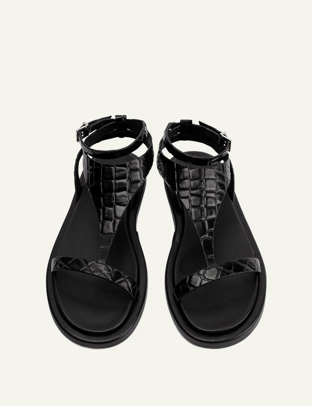 Poeve Isma sandals nero croco leather front view t-bar