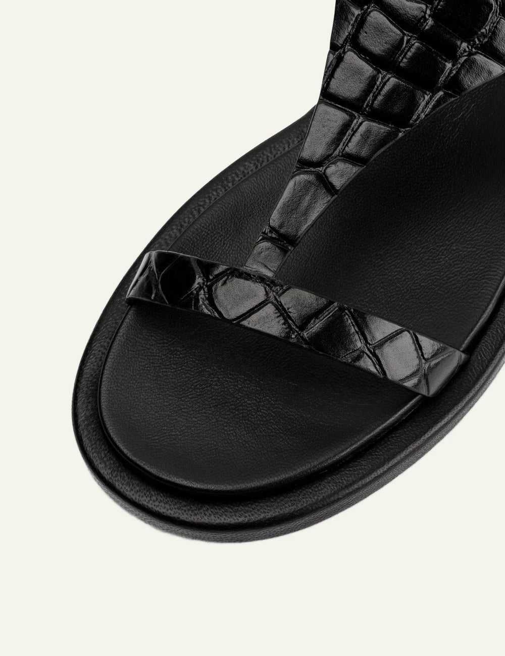 Poeve Isma sandals nero croco leather angled view t-bar