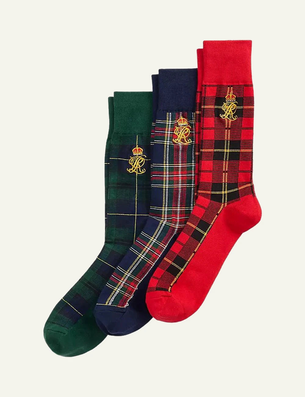 Men's Polo Ralph Lauren three pack tartan socks in green navy and red with embroidered crown monogram
