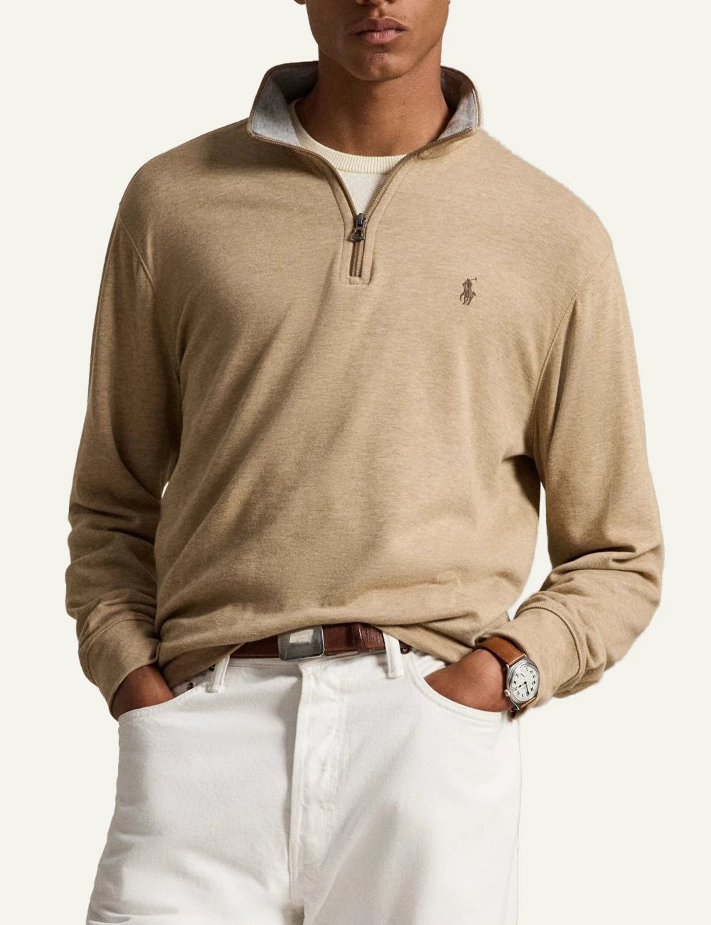 Polo Ralph Lauren beige quarter zip knit sweater me embroidered pony logo model