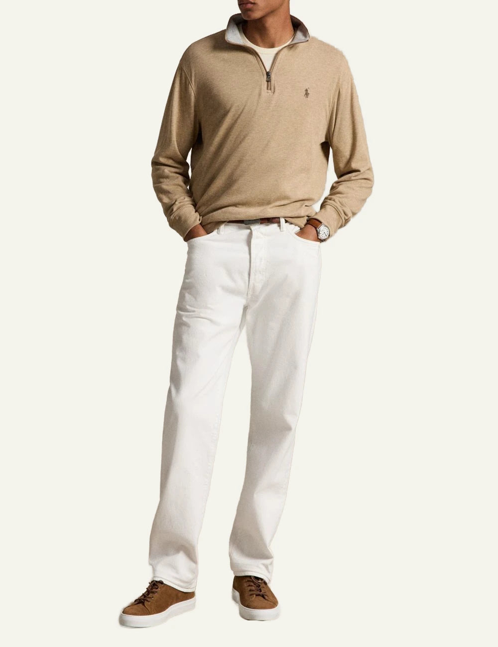 Polo Ralph Lauren beige quarter zip knit sweater me embroidered pony logo full body