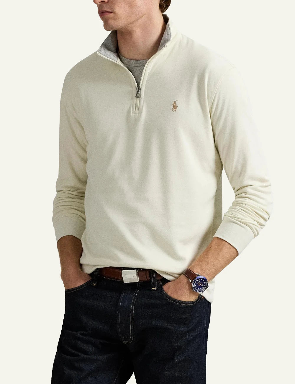 Men's Polo Ralph Lauren cream quarter-zip sweatshirt with embroidered Pony logo model