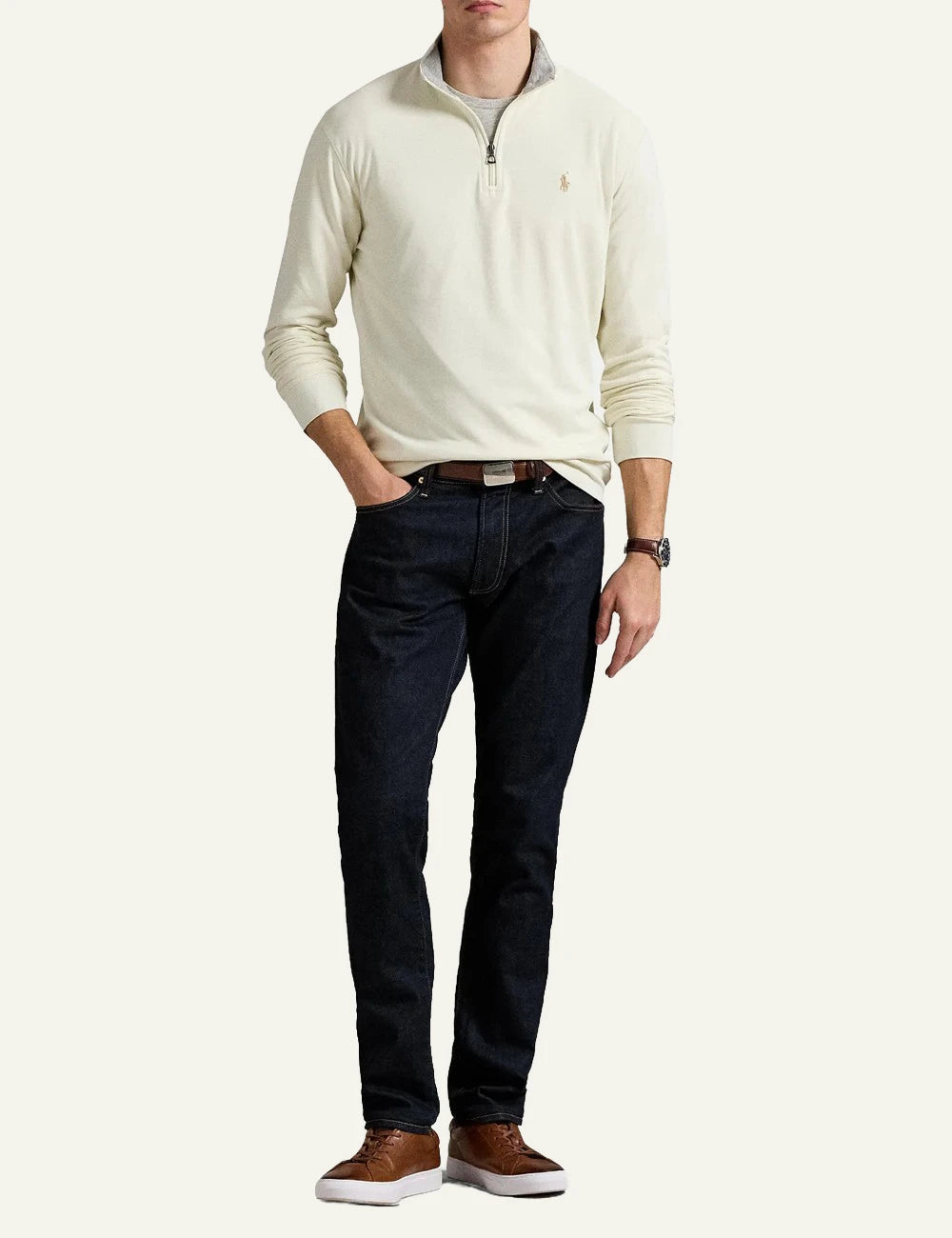 Men's Polo Ralph Lauren cream quarter-zip sweatshirt with embroidered Pony logo full body