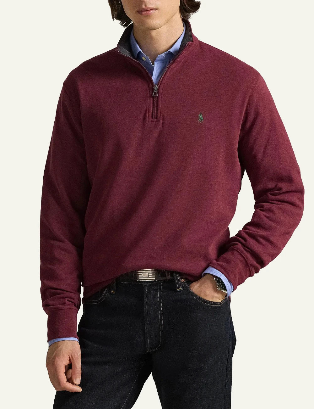Men's Polo Ralph Lauren burgundy quarter-zip sweatshirt with embroidered Pony logo model