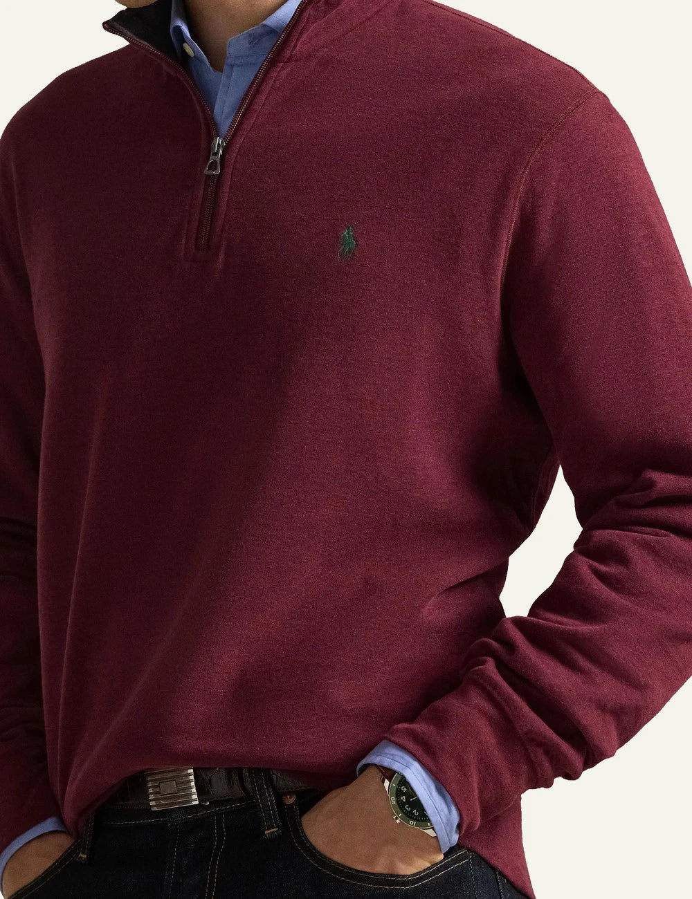 Men's Polo Ralph Lauren burgundy quarter-zip sweatshirt with embroidered Pony logo detail
