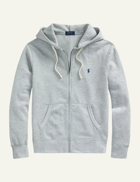 Polo Ralph Lauren grey melange zip hoodie me navy pony logo front view