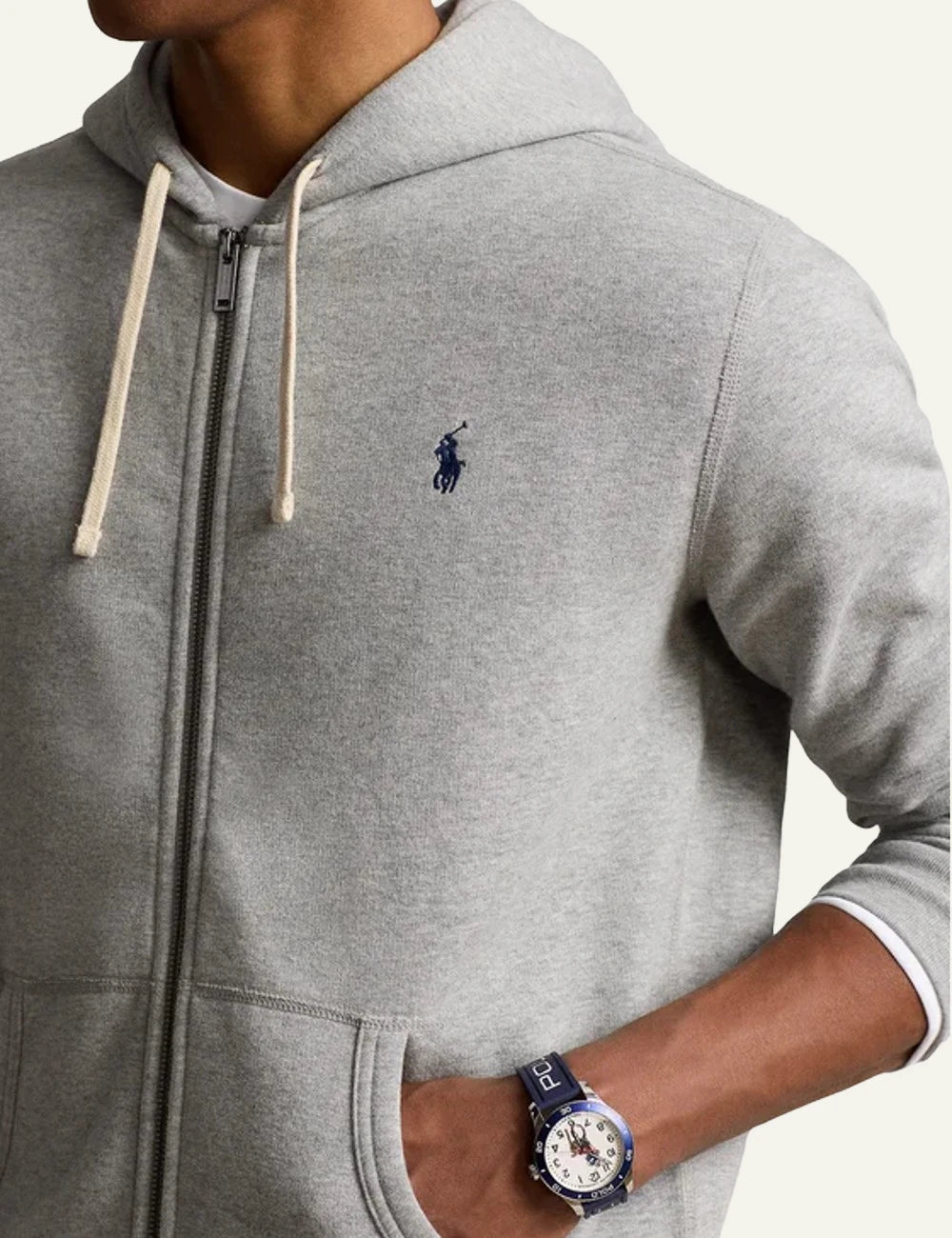 Polo Ralph Lauren grey melange zip hoodie me navy pony logo front detail view