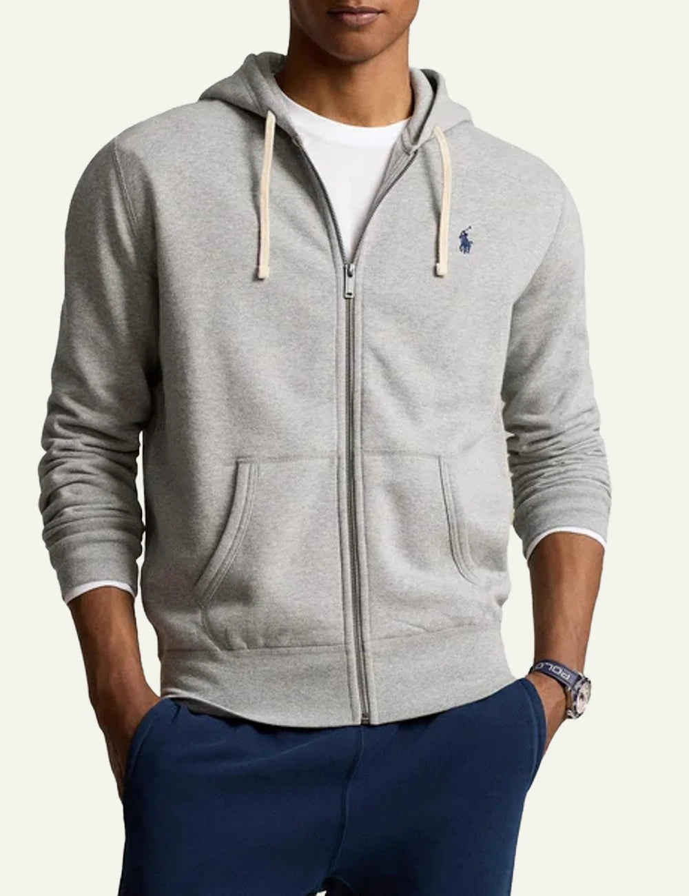 Polo Ralph Lauren grey melange zip hoodie me navy pony logo front model view
