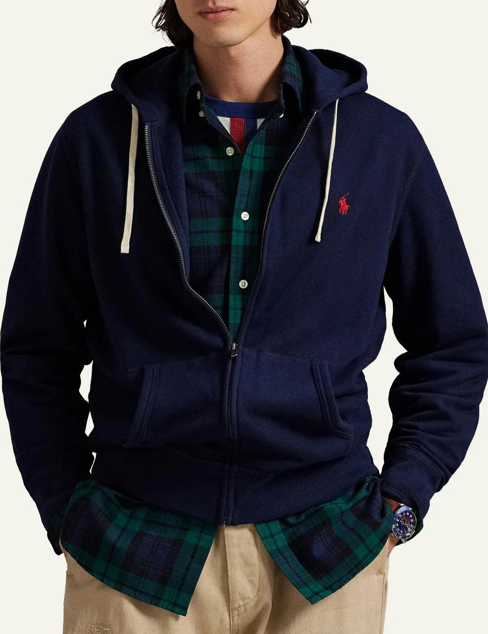 Polo Ralph Lauren navy zip hoodie me red pony logo front model view