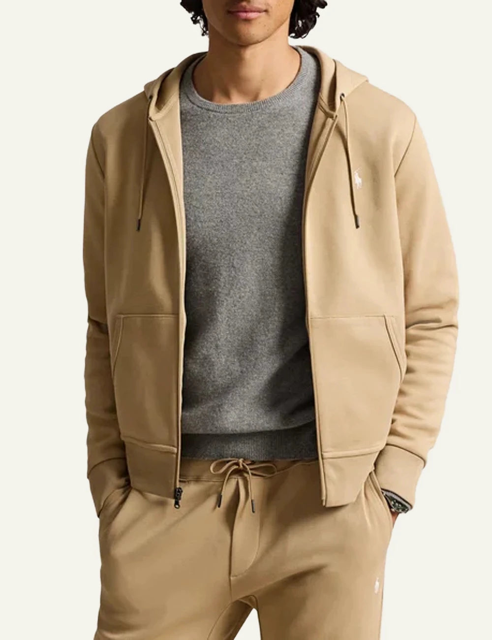 Polo Ralph Lauren beige zip hoodie me white pony logo front model view