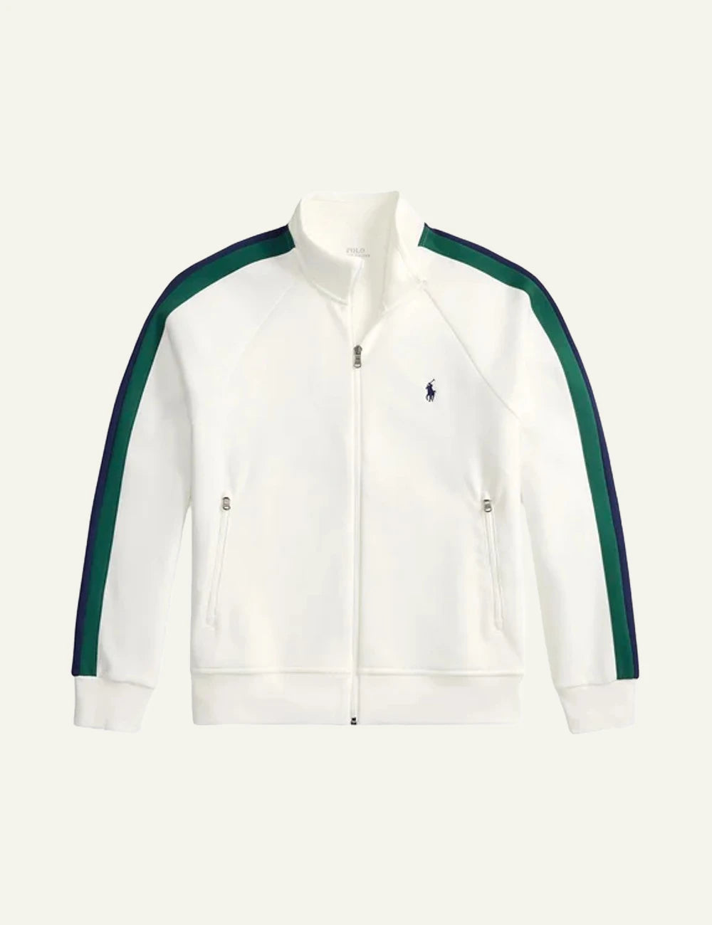 Polo Ralph Lauren white track jacket with contrast sleeve stripes front view