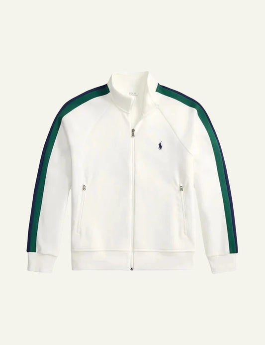 Polo Ralph Lauren white track jacket with contrast sleeve stripes front view