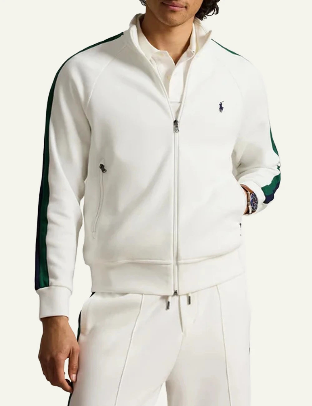 Polo Ralph Lauren white track jacket with contrast sleeve stripes front model view