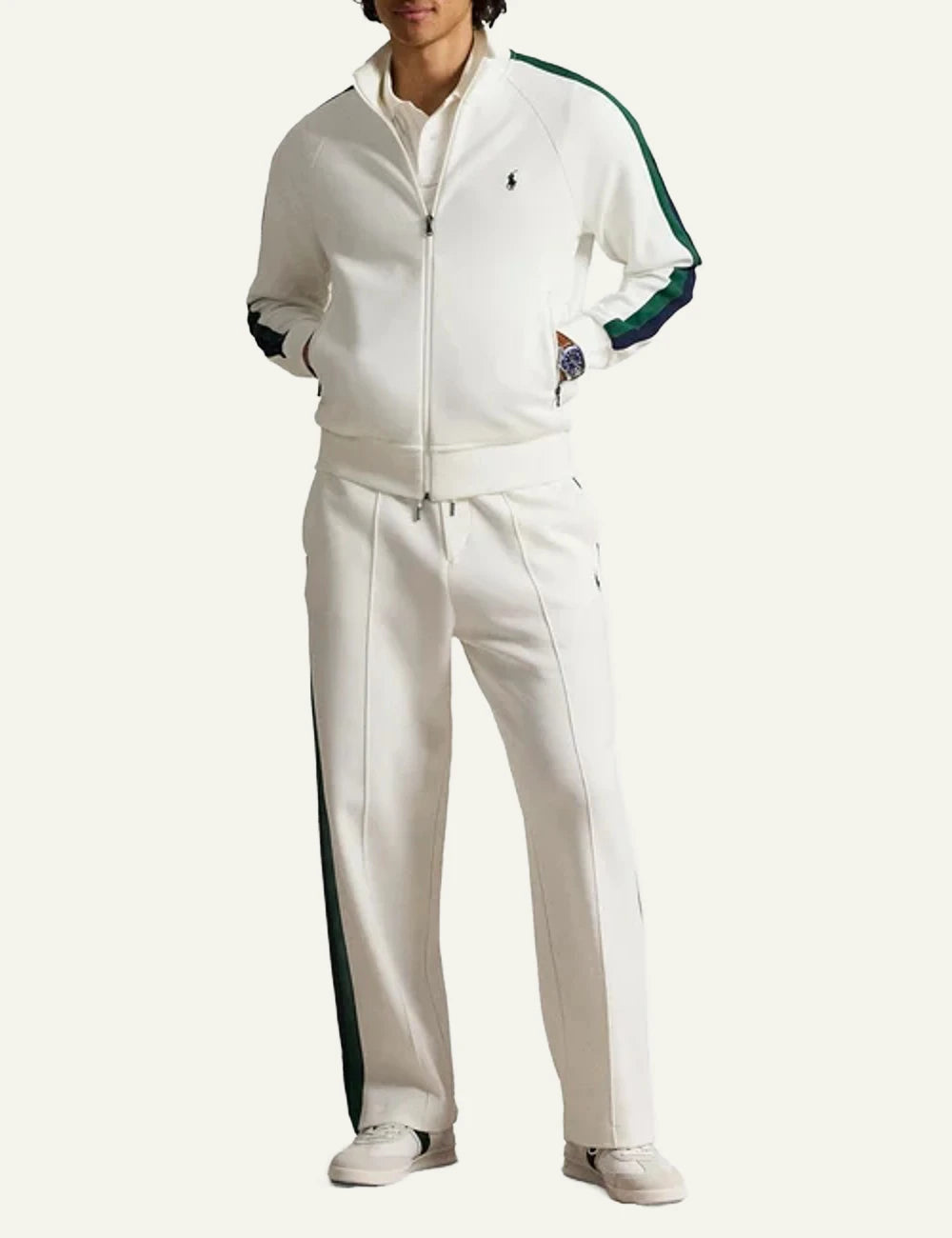 Polo Ralph Lauren white track jacket with contrast sleeve stripes front full body view