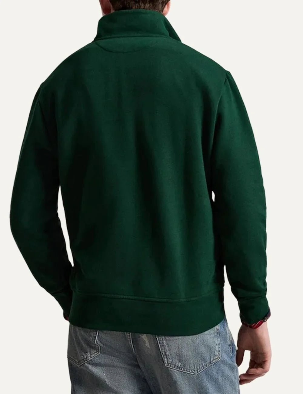 Polo Ralph Lauren men's dark green quarter-zip sweatshirt with tartan-lined collar and red embroidered Pony logo back