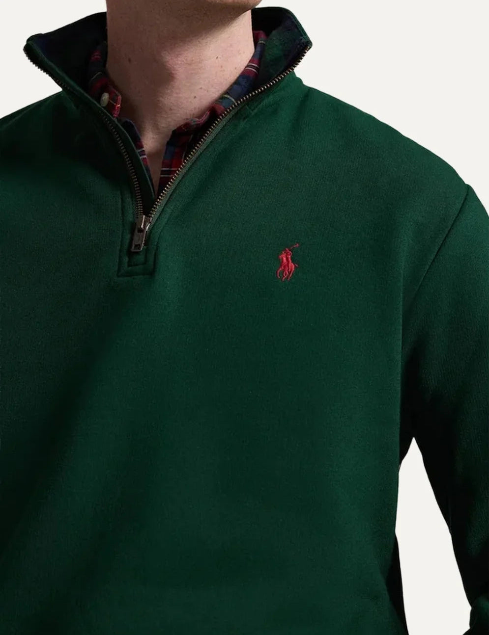 Polo Ralph Lauren men's dark green quarter-zip sweatshirt with tartan-lined collar and red embroidered Pony logo detail
