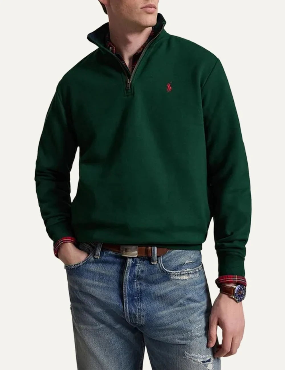 Polo Ralph Lauren men's dark green quarter-zip sweatshirt with tartan-lined collar and red embroidered Pony logo model