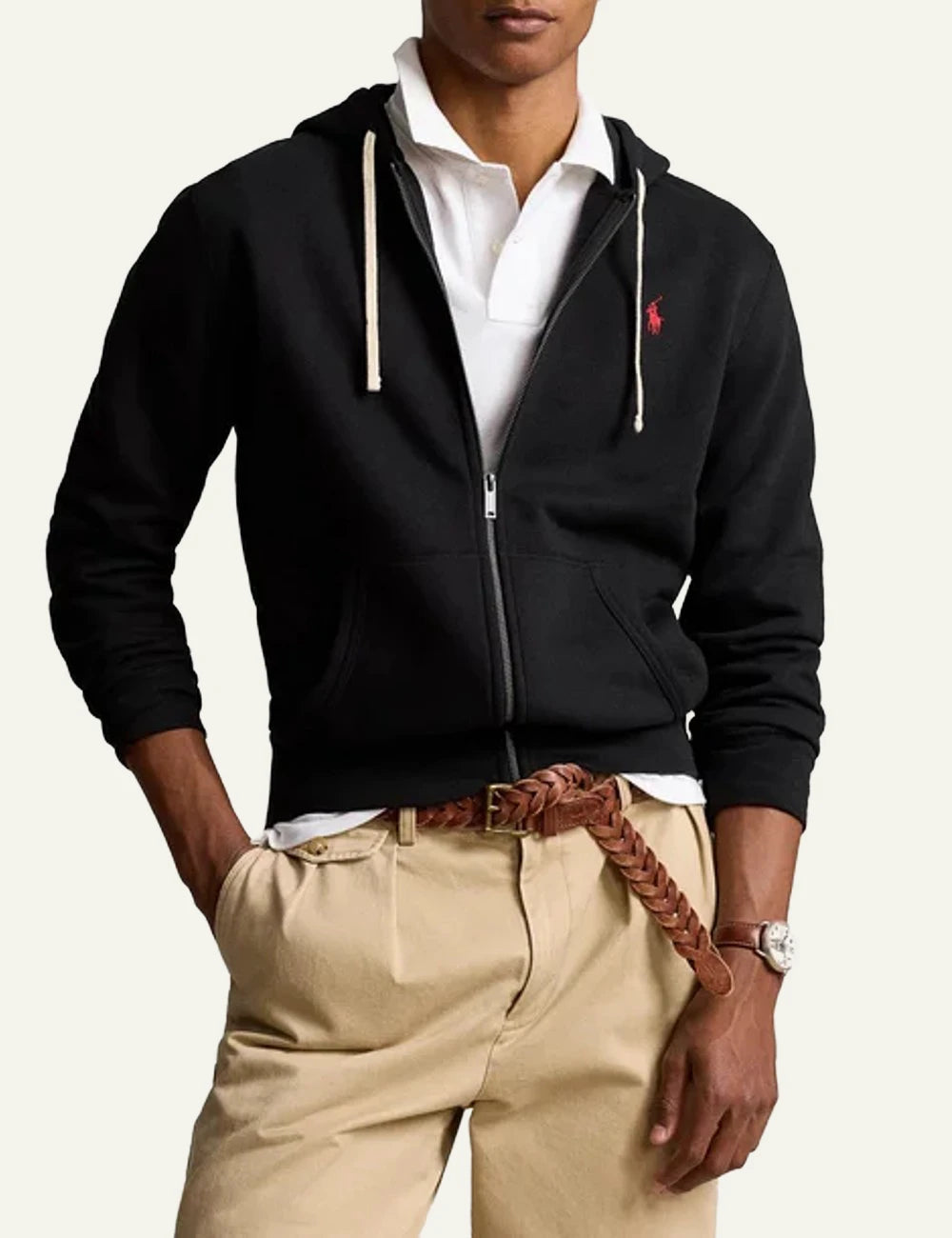 Polo Ralph Lauren black fleece zip hoodie me red pony logo front model view
